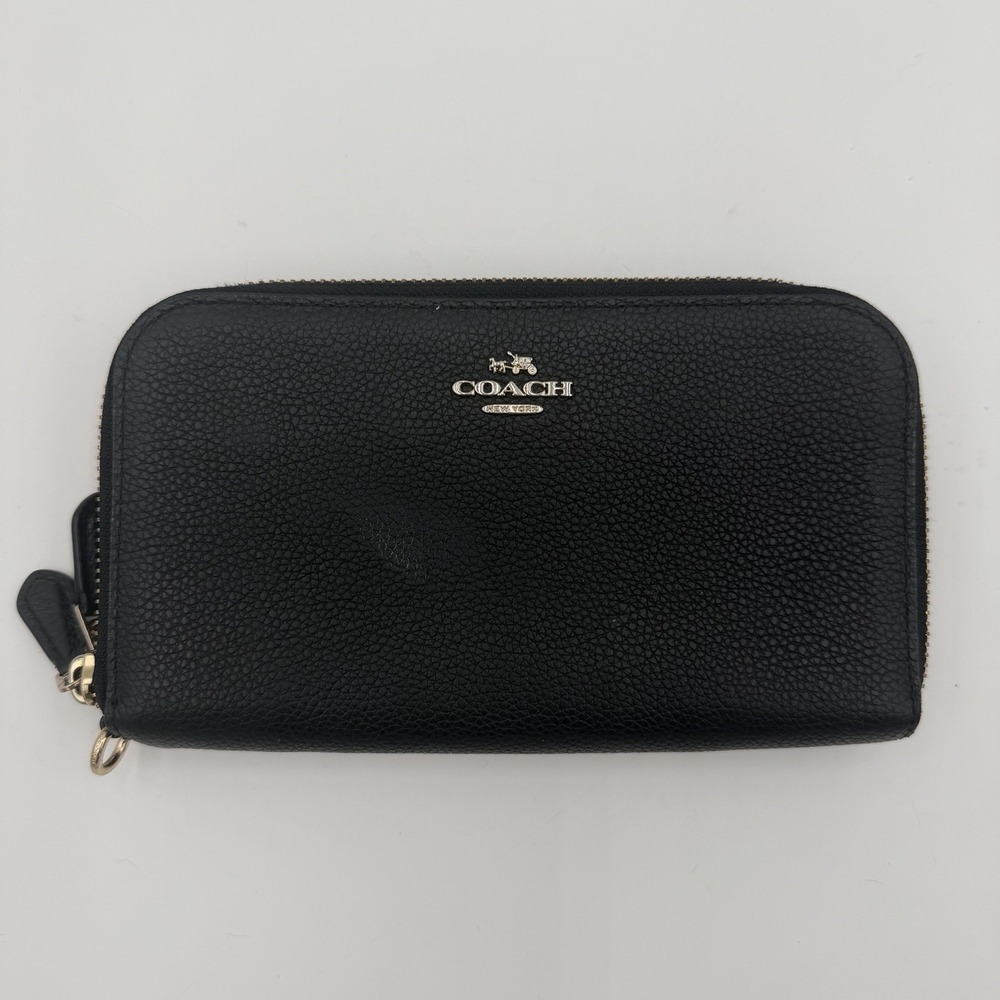 Coach Double Zip Around Travel Wallet Clutch Black Leather Gold Zipper